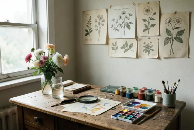 Vintage botanical illustration studio with pressed flowers, magnifying glass, watercolors, and old prints