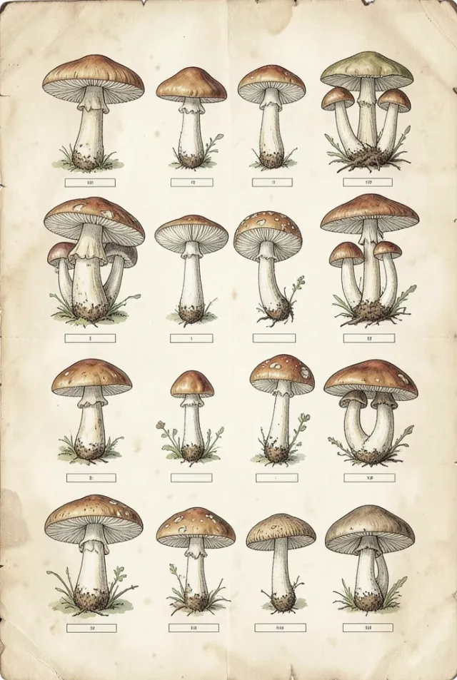Vintage naturalist chart of woodland mushrooms in neat rows on aged parchment, earthy tones