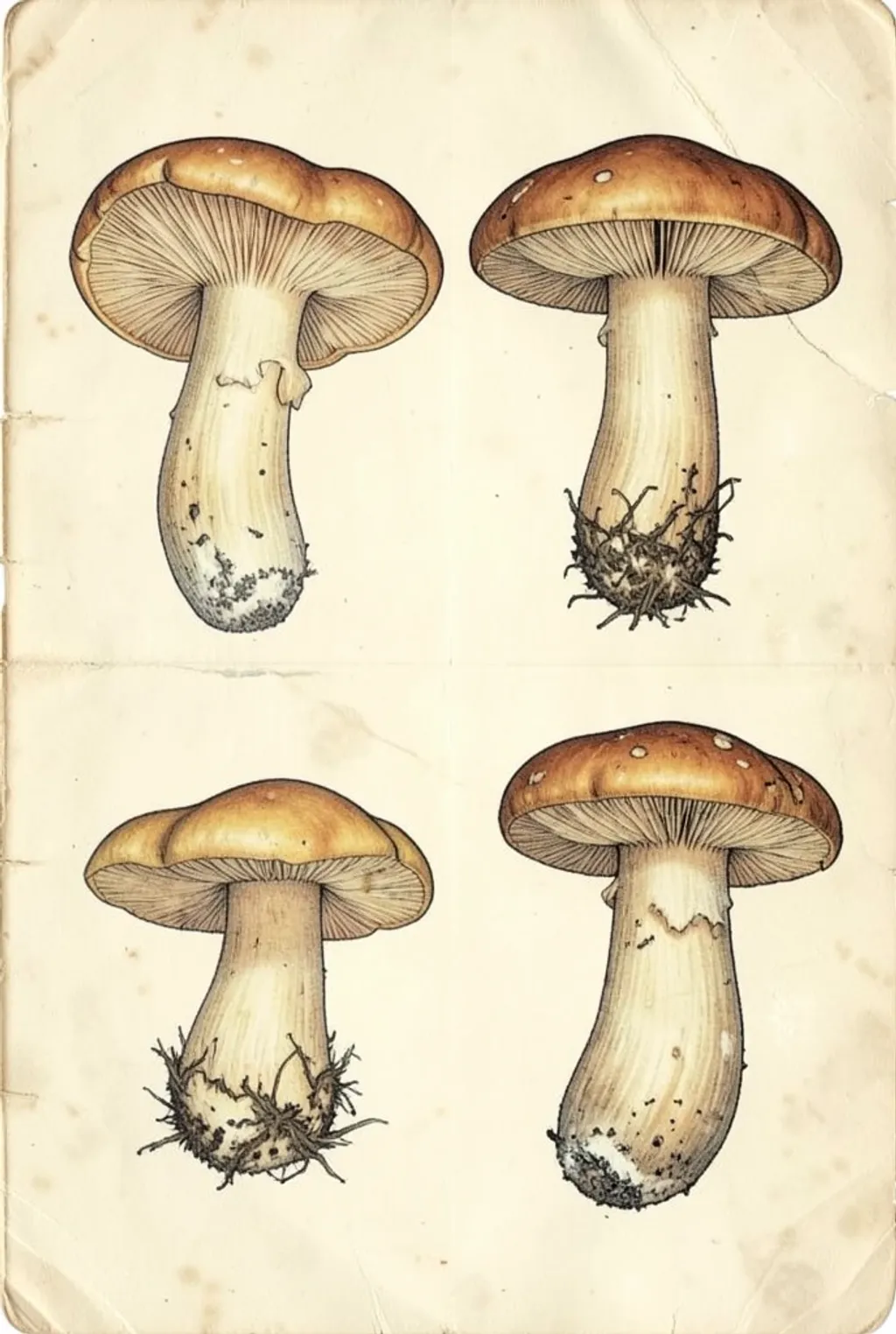 Vintage botanical mushroom print with chanterelle, amanita, and porcini on aged cream paper