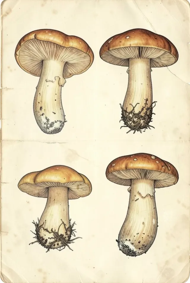 Vintage botanical mushroom print with chanterelle, amanita, and porcini on aged cream paper