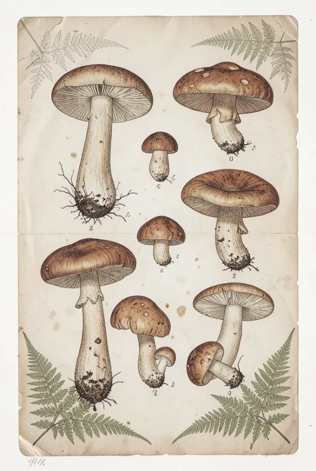 Detailed mushroom specimens with fern accents arranged on aged paper in sepia and earth tones