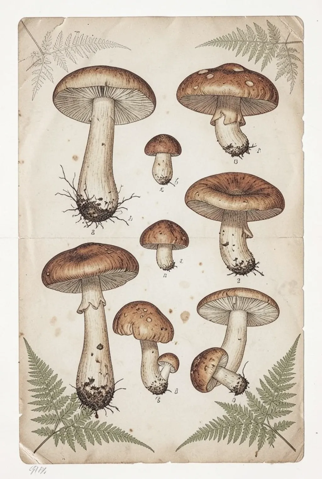 Detailed mushroom specimens with fern accents arranged on aged paper in sepia and earth tones