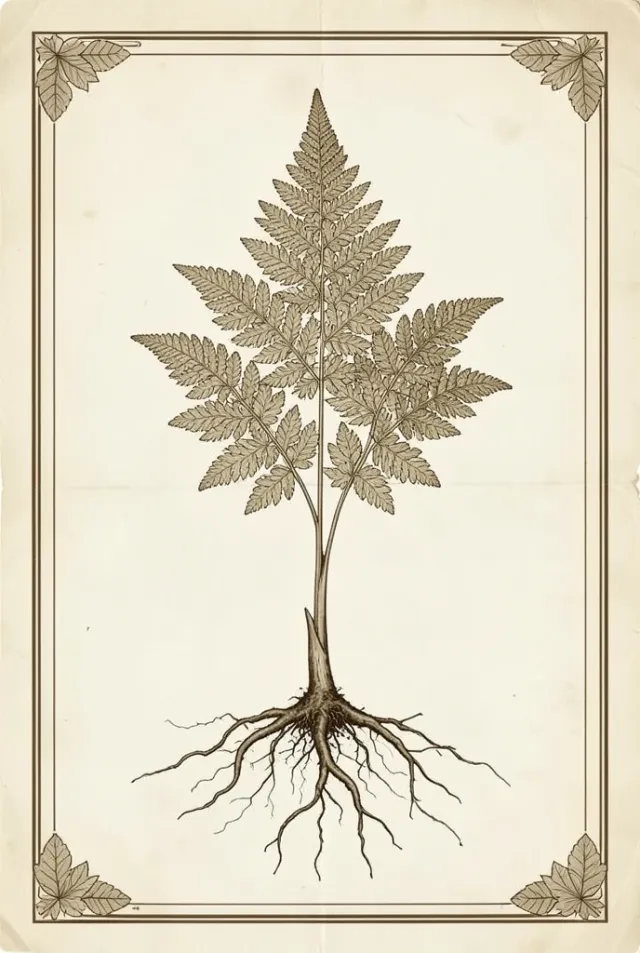 Vintage botanical poster illustration of a fern frond with exposed roots in sepia ink on aged cream paper