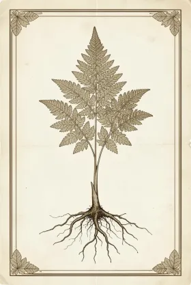 Vintage botanical poster illustration of a fern frond with exposed roots in sepia ink on aged cream paper