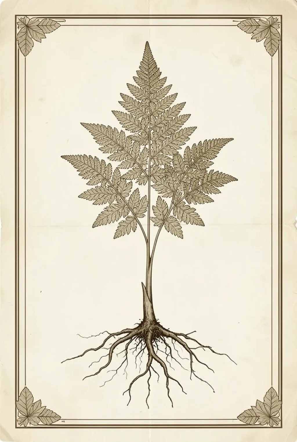 Vintage botanical poster illustration of a fern frond with exposed roots in sepia ink on aged cream paper