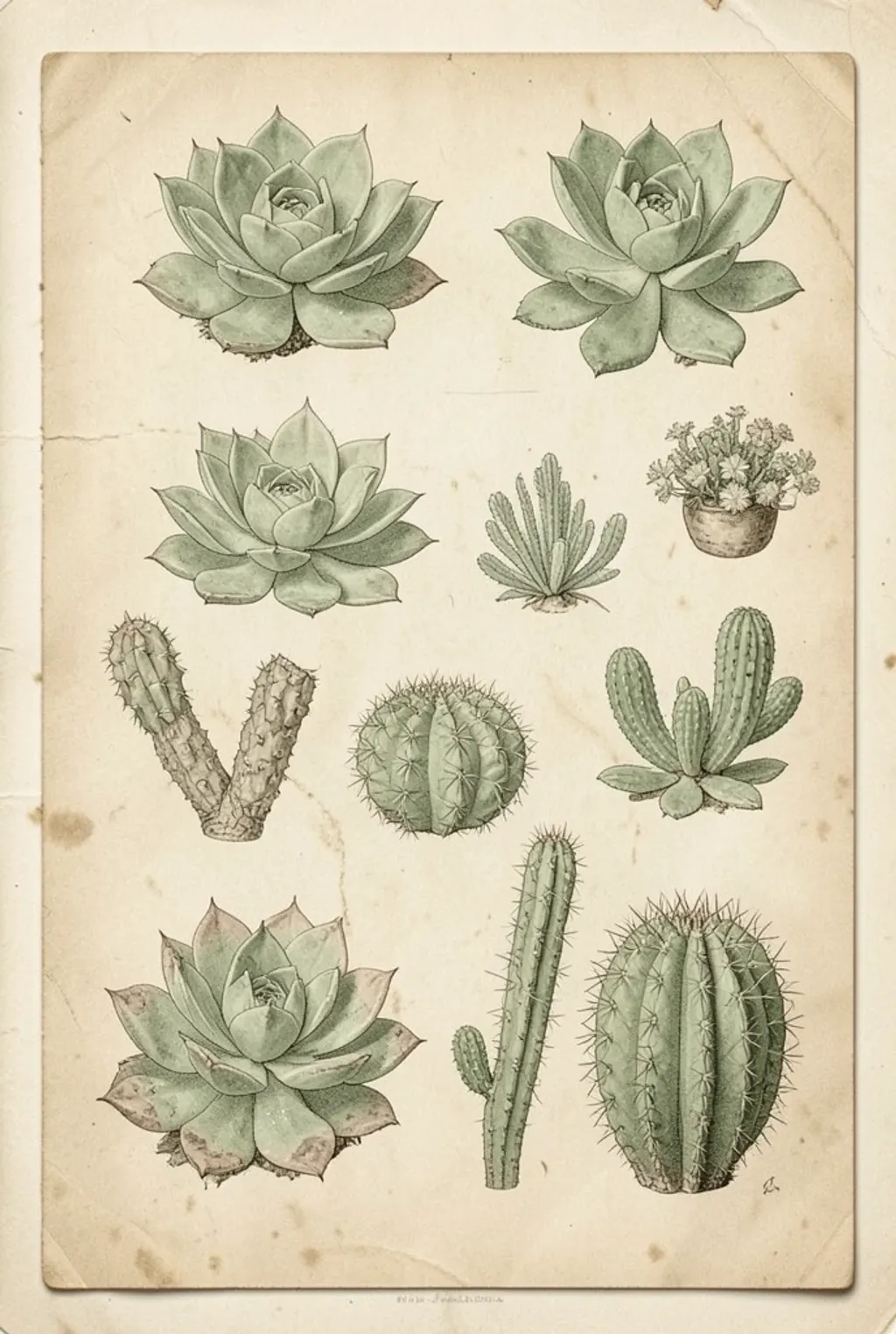 Assorted succulents and cacti arranged on aged paper in sepia and muted green tones