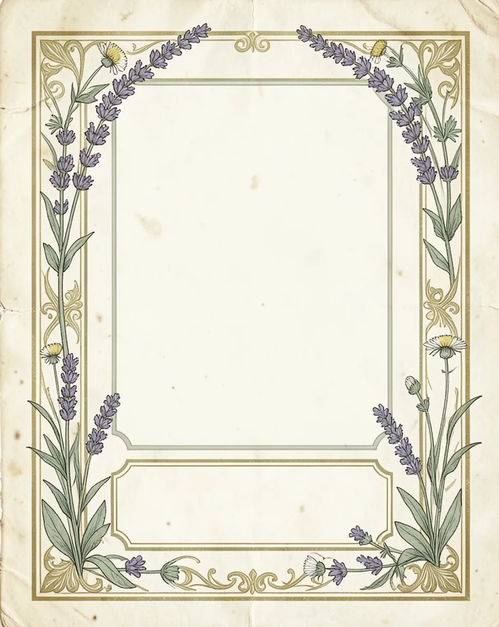 Vintage botanical tea label with hand-drawn herbs and blank text areas