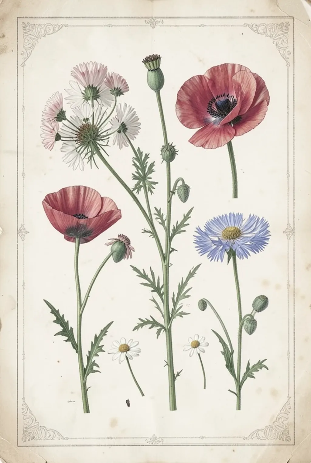 Detailed poppy, daisy, and cornflower wildflowers arranged on aged cream paper in vintage style