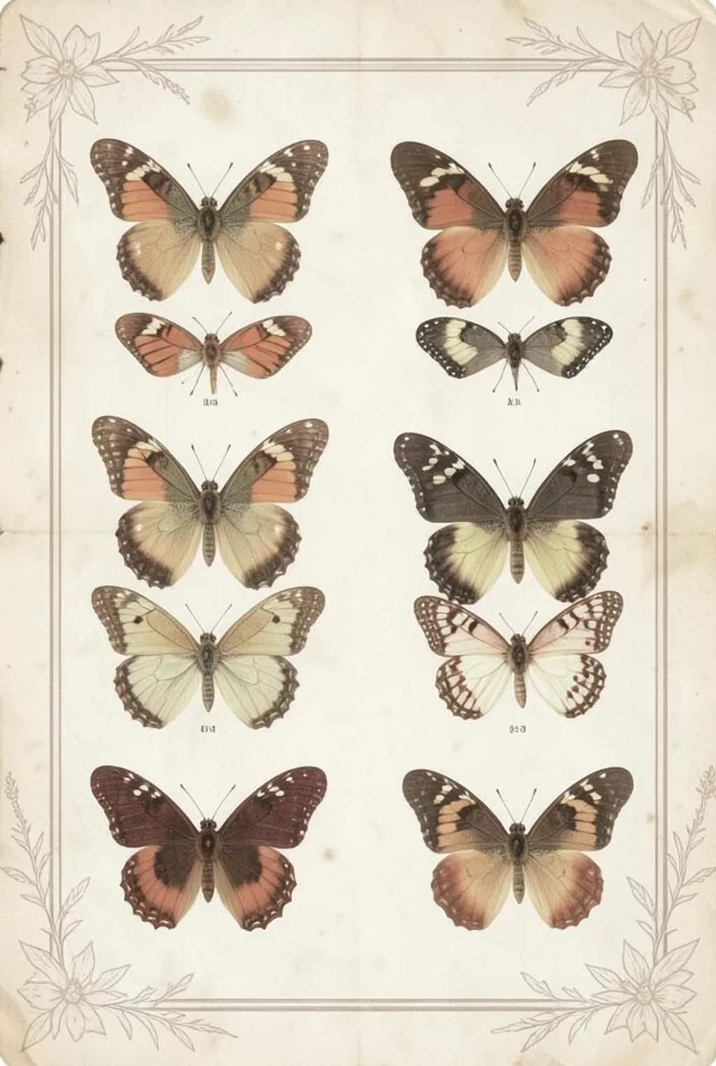 Detailed butterfly specimens arranged on aged cream paper with botanical border and sepia tones