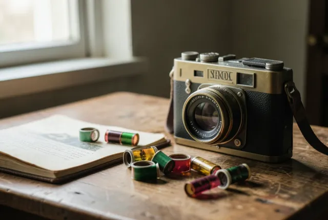 Vintage brass and leather film camera with colorful film rolls, soft window light, and old notebook on wood