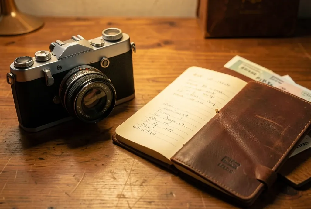 Classic film camera beside an open stamped passport, leather notebook, and boarding pass under warm desk light
