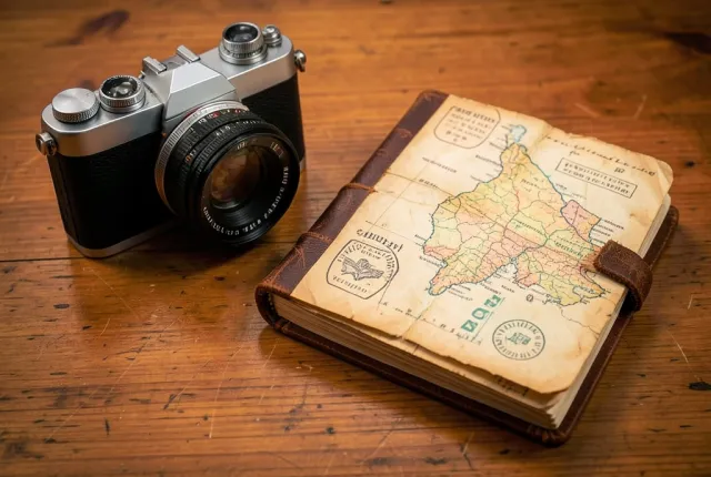 Classic film camera beside a leather-bound journal with folded map on a warm wooden desk