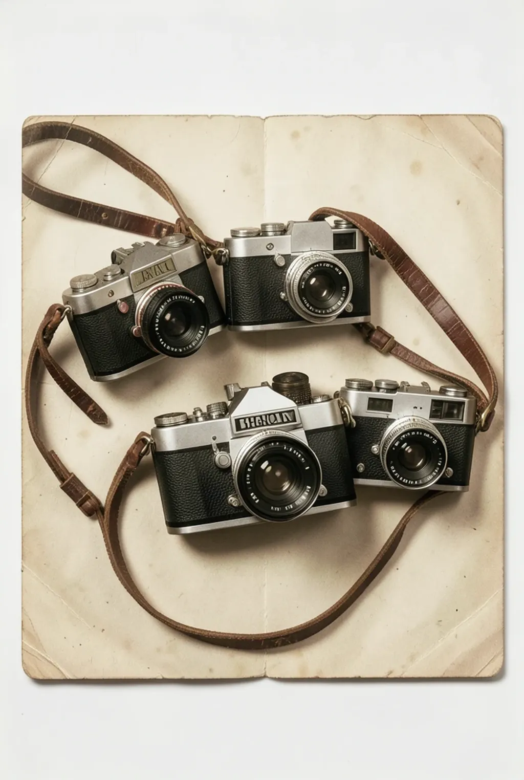 Three classic film cameras with leather straps and brass details arranged on aged paper