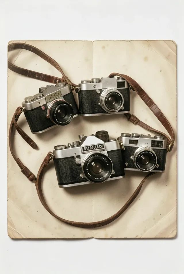 Three classic film cameras with leather straps and brass details arranged on aged paper