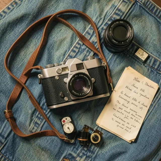Vintage film camera, film rolls, light meter, lens cap, and field notes arranged on worn denim