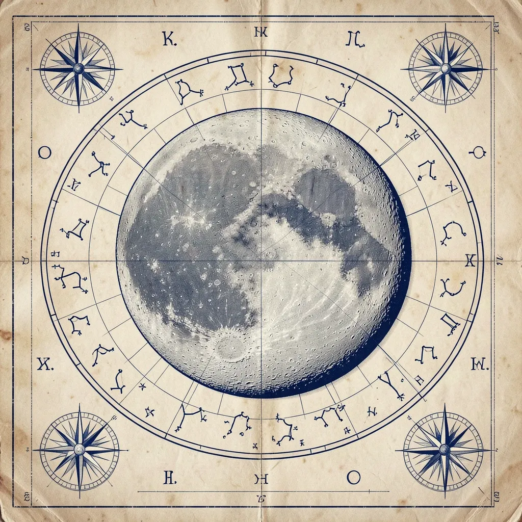 Vintage celestial moon map with cratered moon, zodiac constellations, and compass roses on aged parchment