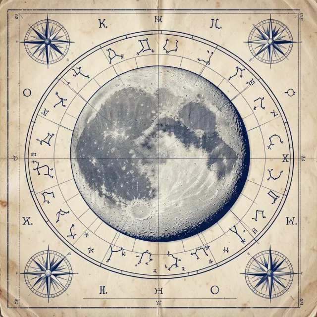 Vintage celestial moon map with cratered moon, zodiac constellations, and compass roses on aged parchment