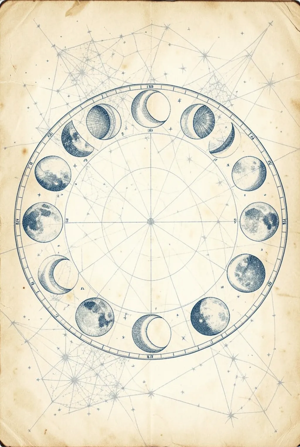 Vintage hand-drawn moon phases arranged in a circle on aged cream paper with faint star map
