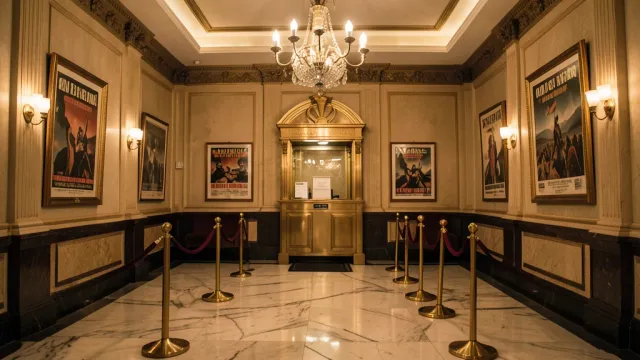 Vintage art deco cinema lobby with velvet ropes, brass ticket booth, marble floors, and movie posters