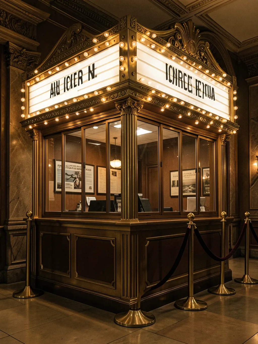 Vintage art deco cinema ticket booth with glowing marquee bulbs and velvet ropes