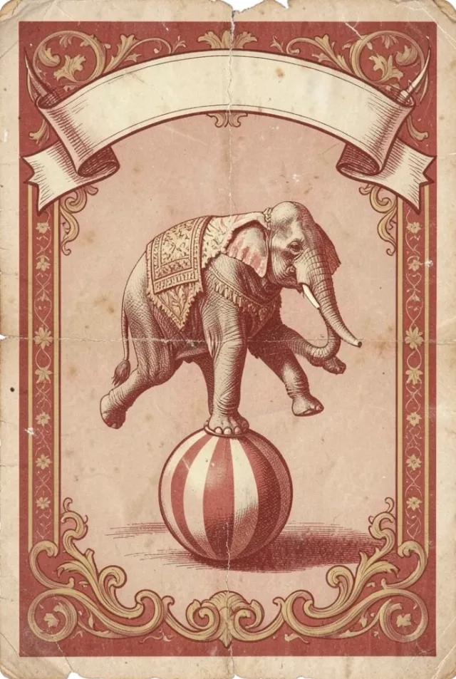Vintage lithograph circus poster of an elephant balancing on a striped ball inside an ornate decorative border