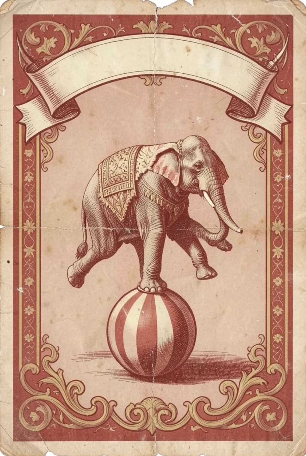Vintage lithograph circus poster of an elephant balancing on a striped ball inside an ornate decorative border