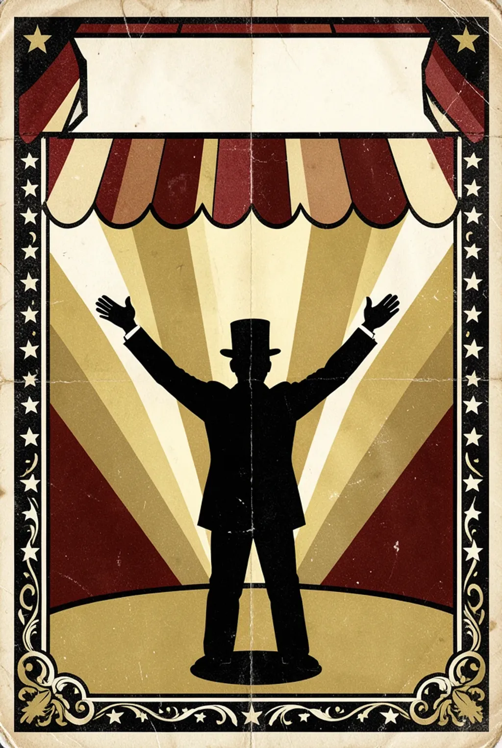 A 1920s circus poster with ringmaster silhouette — AI-generated example render