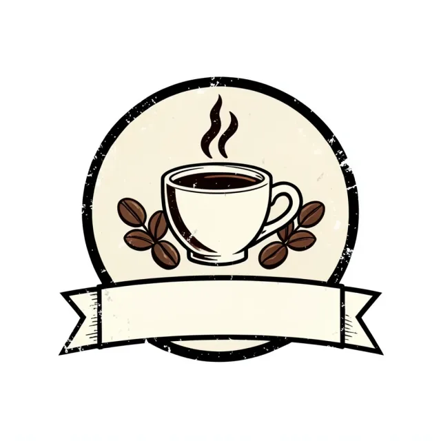 Vintage coffee shop badge t-shirt design with steaming cup, crossed beans and distressed edges on white