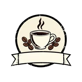 Vintage coffee shop badge t-shirt design with steaming cup, crossed beans and distressed edges on white