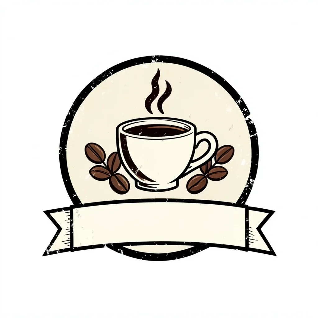 Vintage coffee shop badge t-shirt design with steaming cup, crossed beans and distressed edges on white