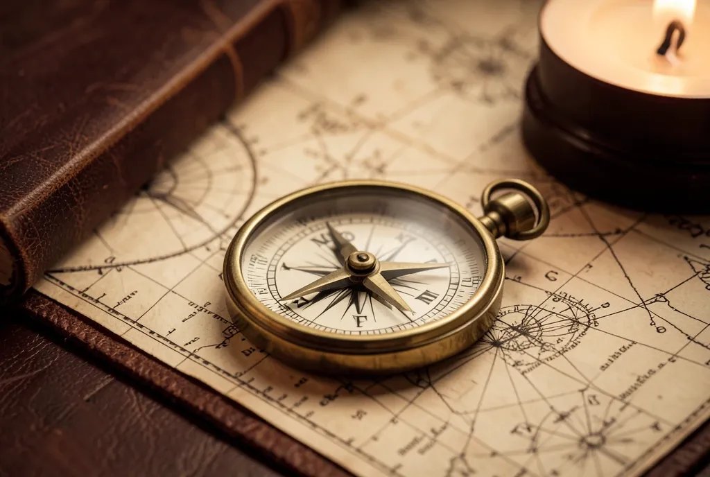 Vintage brass compass resting on a faded hand-drawn nautical map with leather journal and candlelight
