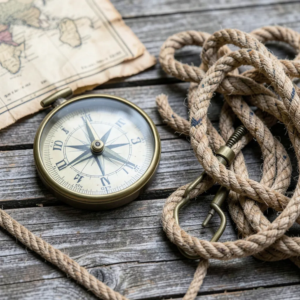 Antique brass compass beside coiled nautical rope on weathered wood with an old map partially visible