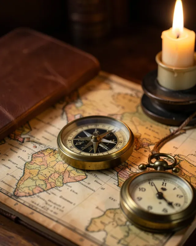 Vintage brass compass resting on an aged world map with a leather journal