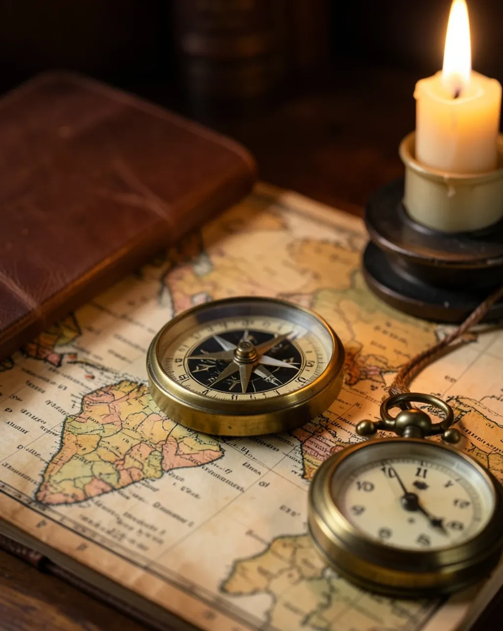 Vintage brass compass resting on an aged world map with a leather journal