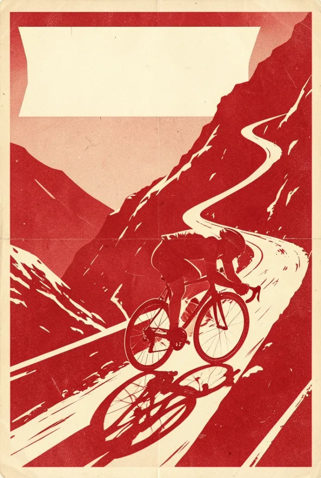 Retro two-color screen-print poster of a cyclist speeding up a mountain road in red and cream
