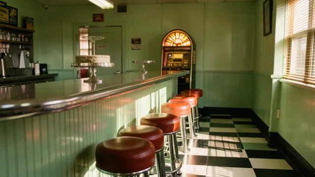A 1950s chrome diner interior with checkered floor