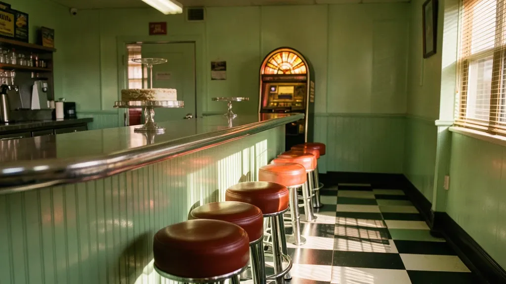 A 1950s chrome diner interior with checkered floor