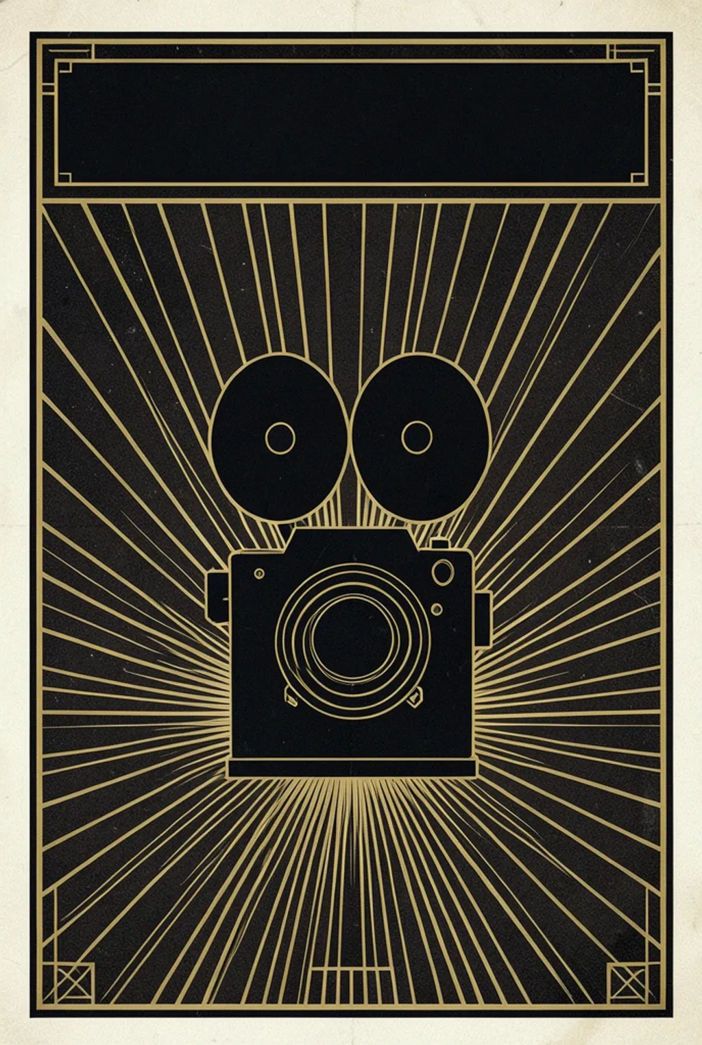 Art Deco film festival poster with a classic movie camera silhouette over a radiating gold sunburst on black
