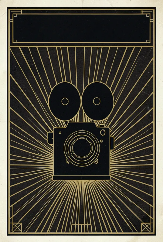 Art Deco film festival poster with a classic movie camera silhouette over a radiating gold sunburst on black
