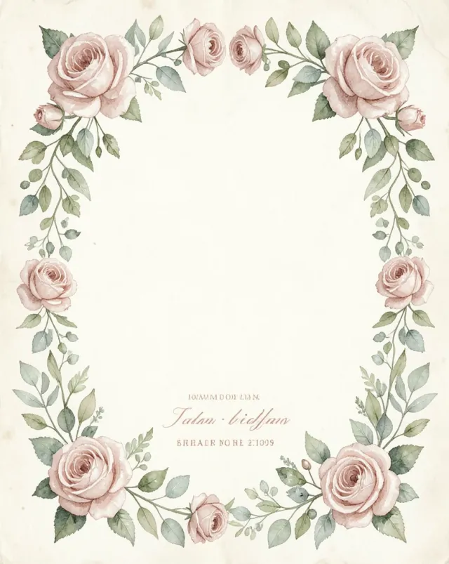 Vintage watercolor wedding invitation with a blush rose and eucalyptus border framing a blank cream center panel