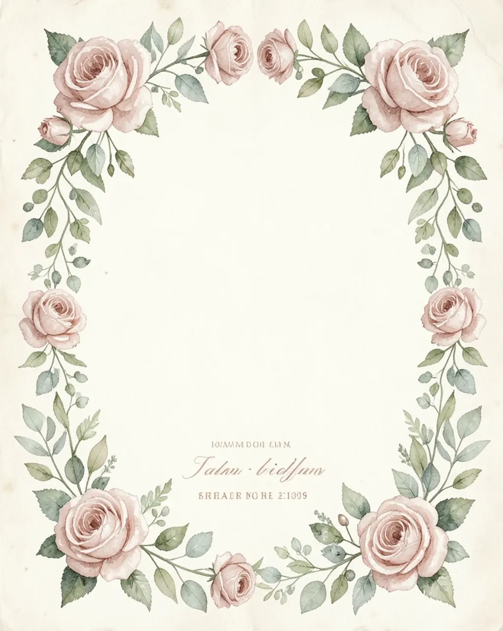 Vintage watercolor wedding invitation with a blush rose and eucalyptus border framing a blank cream center panel