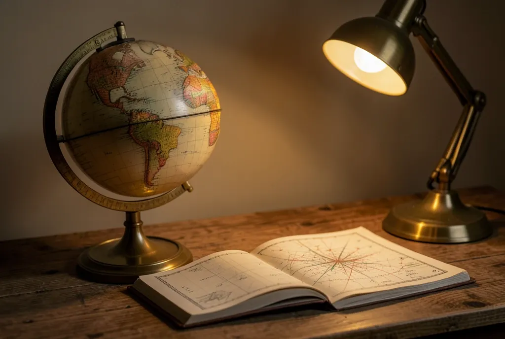 Antique brass telescope beside a vintage world globe on a wooden desk with open star chart and warm lamp