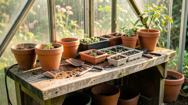 Weathered wooden greenhouse potting bench with terracotta pots, seedling trays, tools, and warm sunlight