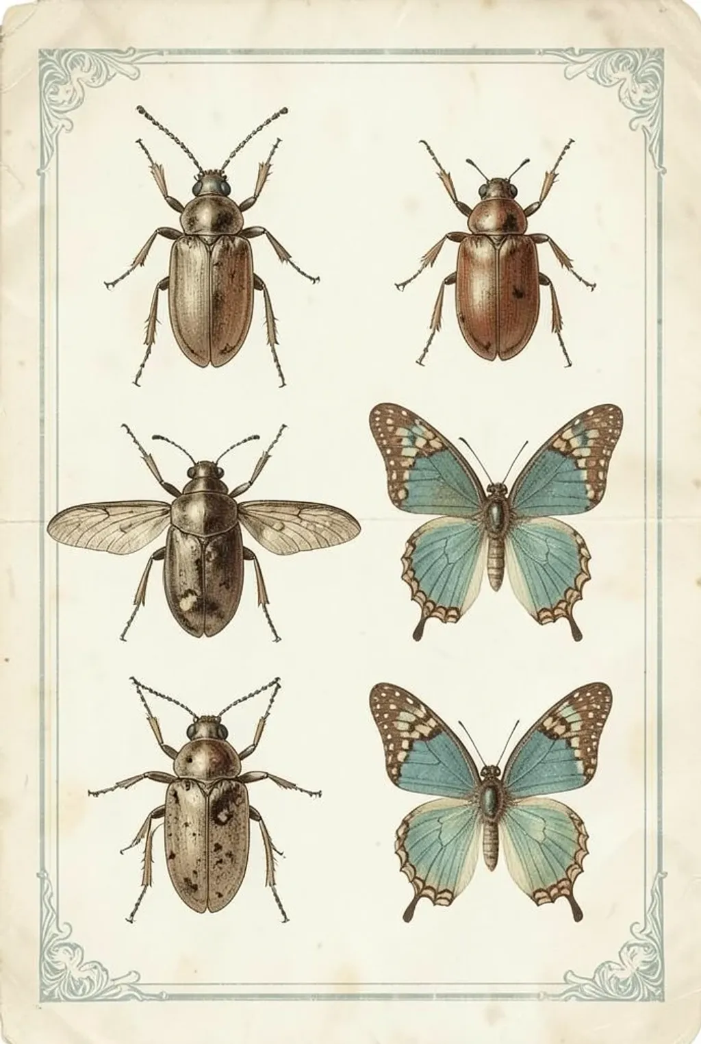 Detailed beetle and butterfly specimens arranged on aged cream paper in vintage naturalist style
