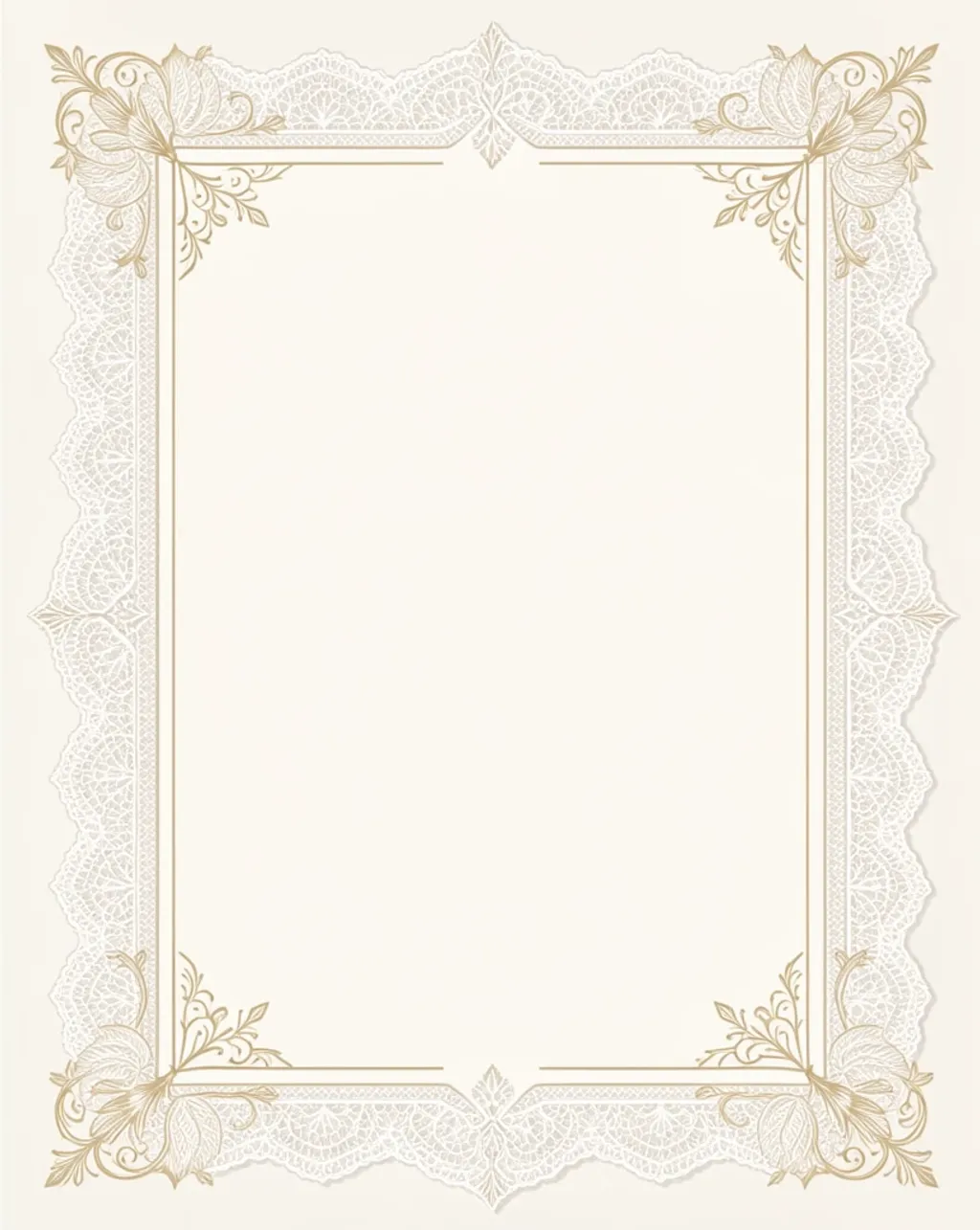 Vintage wedding invitation with a delicate ivory-and-gold lace border framing an empty center
