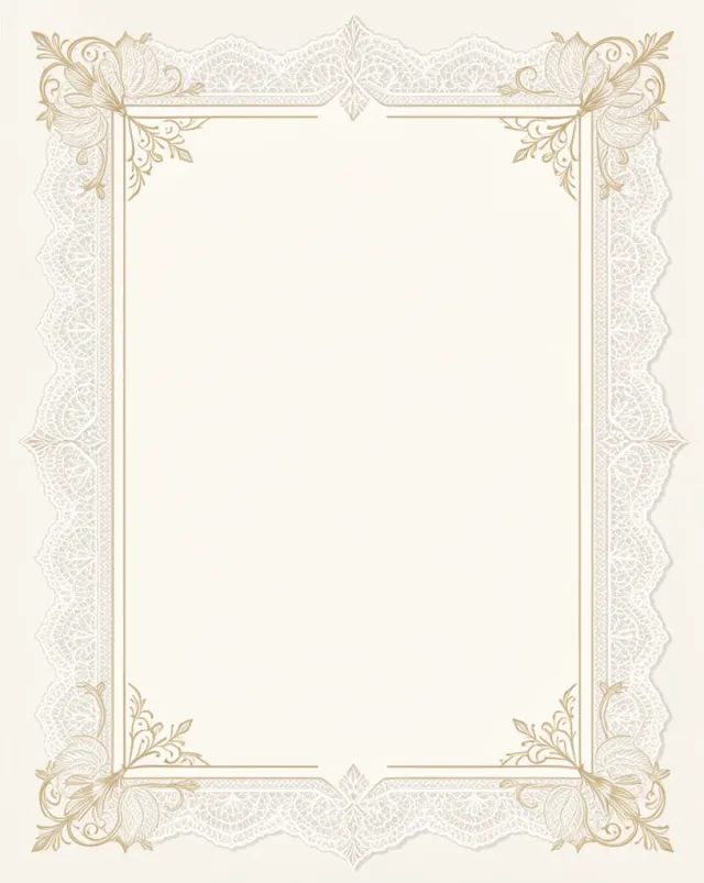 Vintage wedding invitation with a delicate ivory-and-gold lace border framing an empty center