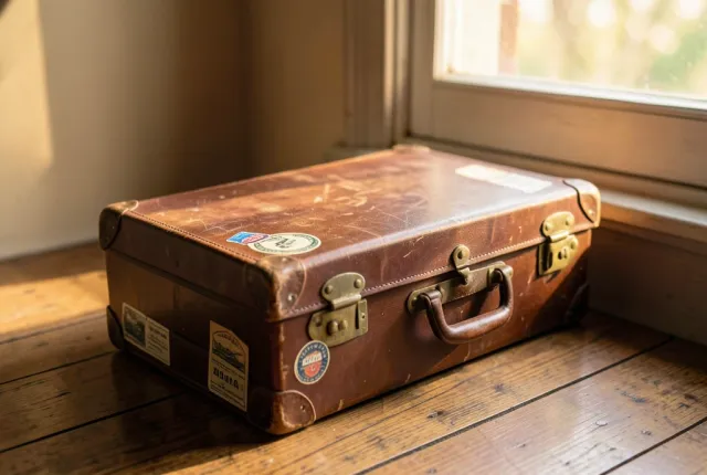 Aged brown leather suitcase with brass buckles and worn corners, travel stickers, on a wooden floor by a window