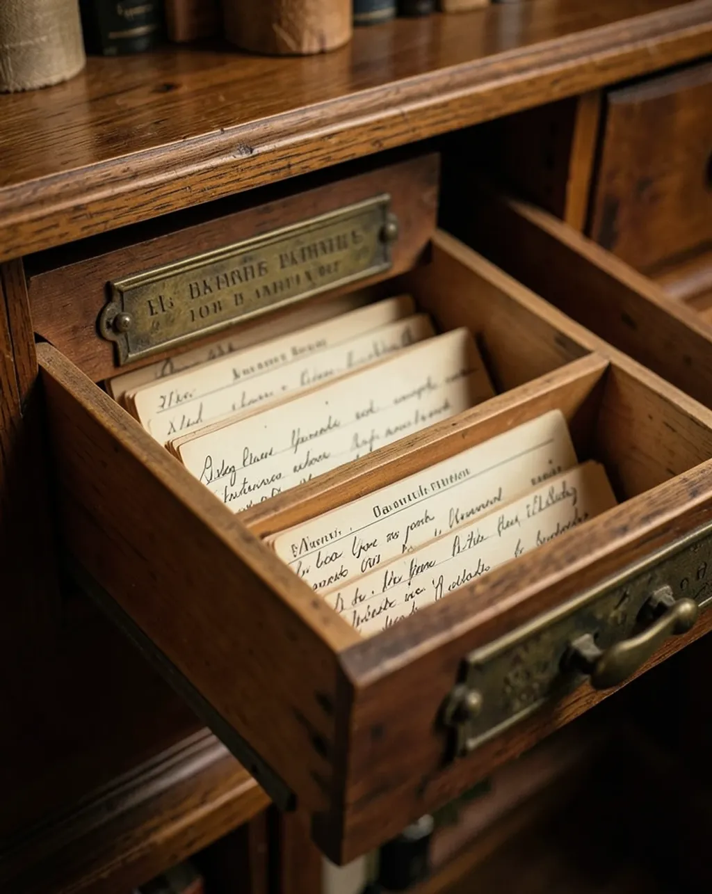 Vintage library card catalog drawer open with aged brass label holders and handwritten cards
