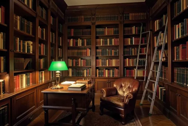 Vintage library reading room with tall dark wood bookshelves, green bankers lamp, leather armchair, and rolling ladder