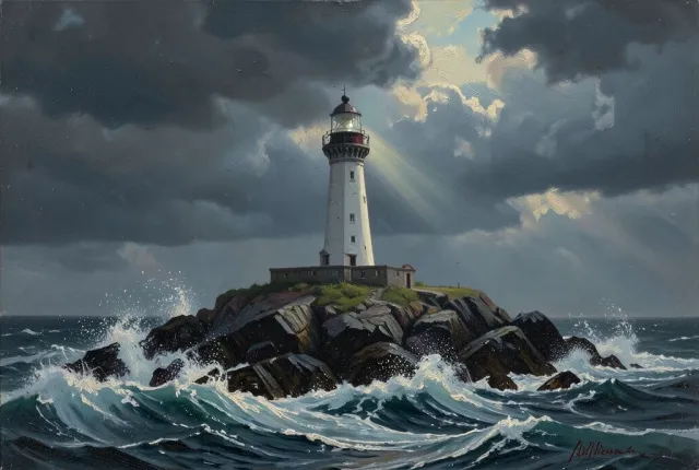 Oil painting of a lighthouse on rocky cliffs in a storm, waves crashing and light breaking through dark clouds